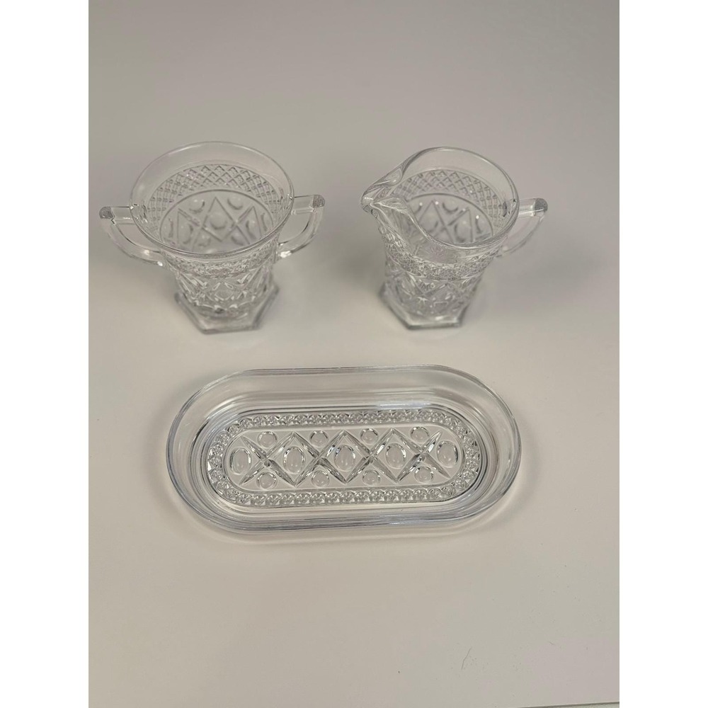 Imperial Glass Cape Cod Creamer Sugar and Tray 3 Piece Set Clear Pressed Glass
